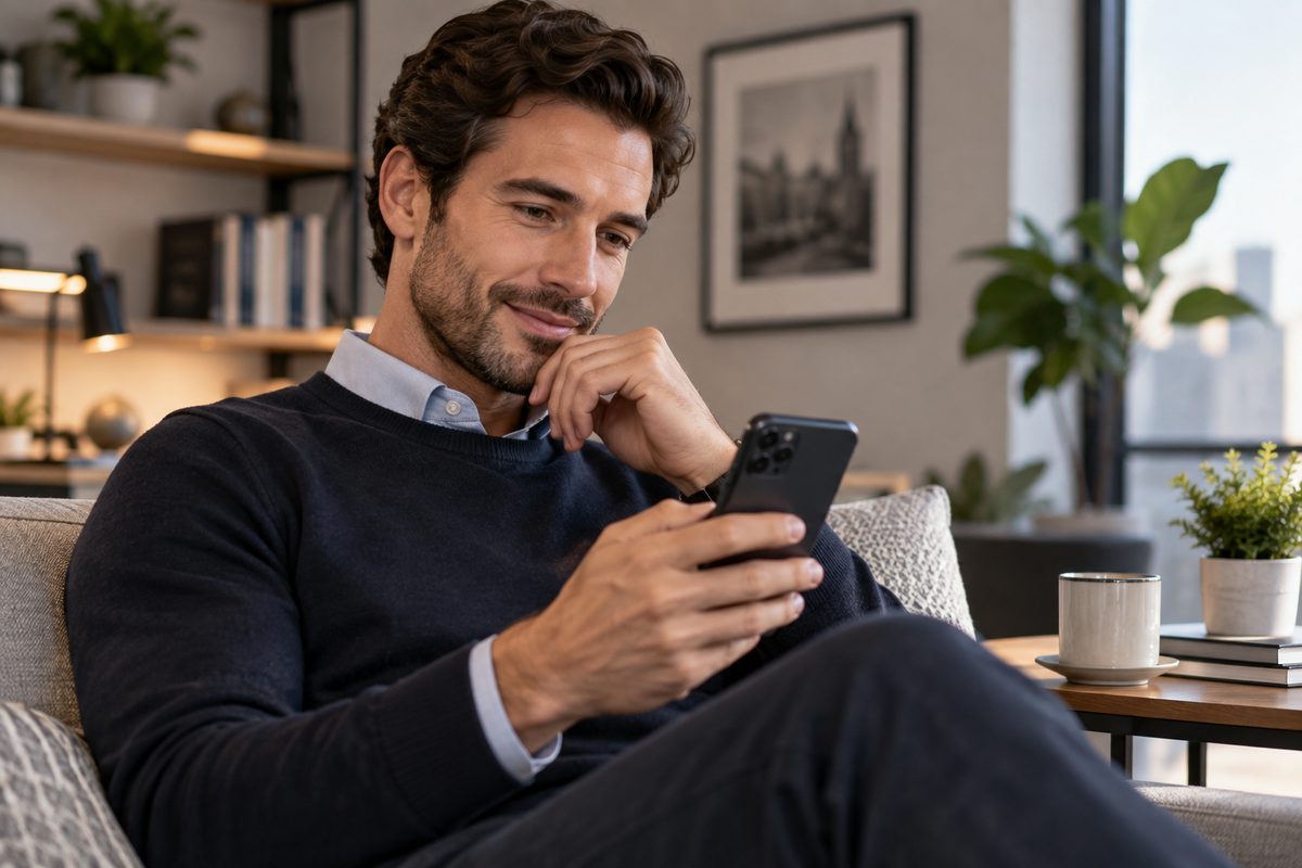 A professional using a smartphone while considering online dating communication