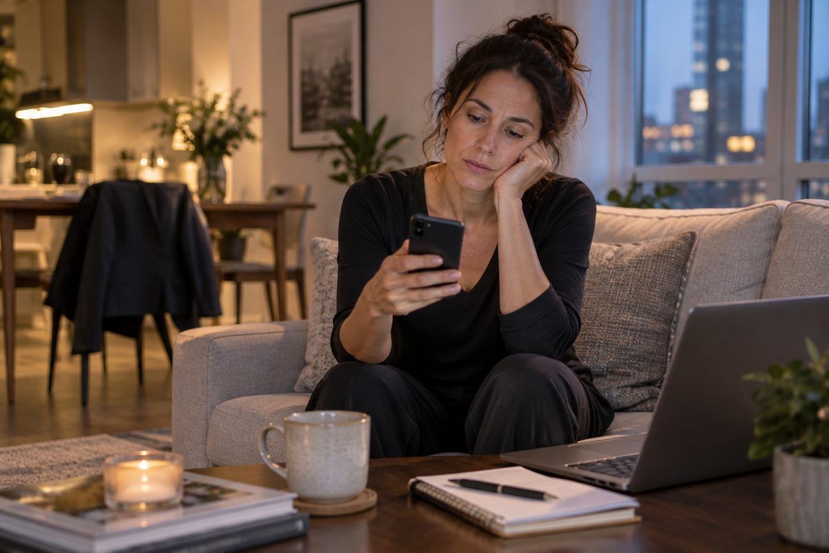 A busy professional feeling tired while checking a dating app at home