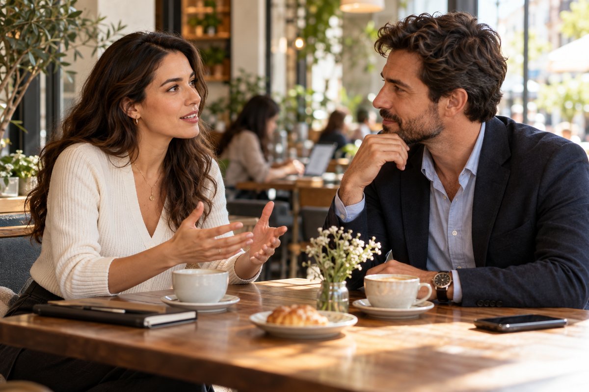 Professionals discussing their relationship goals over coffee