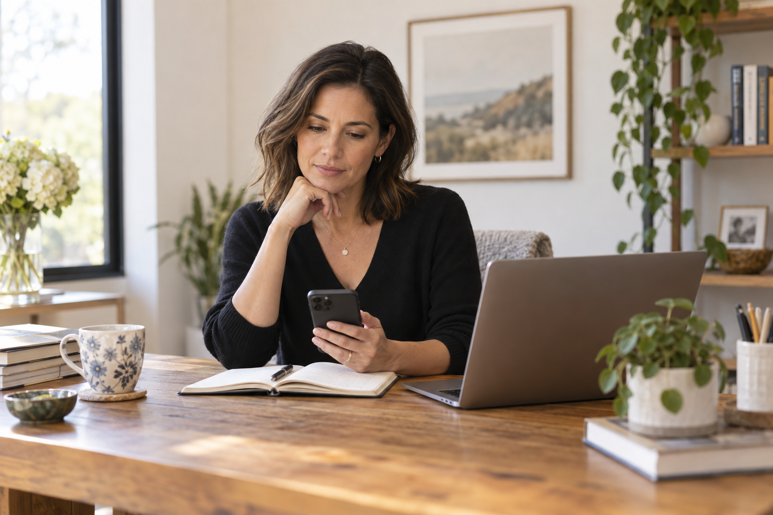 A thoughtful professional reviewing an online dating conversation