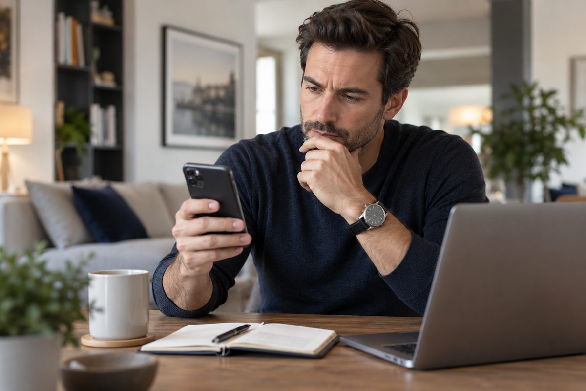 A professional carefully reviewing information on a smartphone and laptop